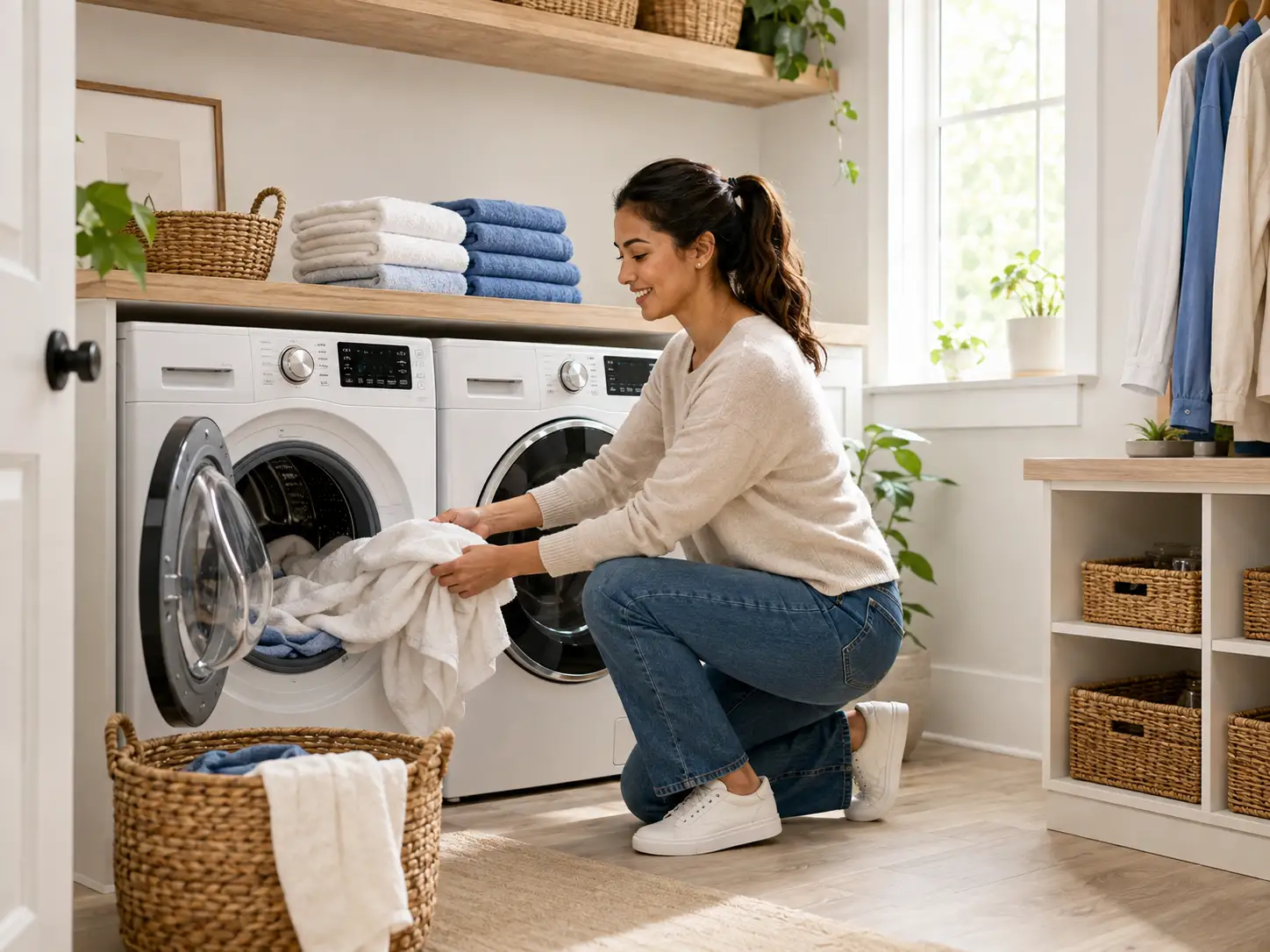 Happy Customer Doing Laundry In The Comfort Of Her Home with Washer Dryer Guy Rental