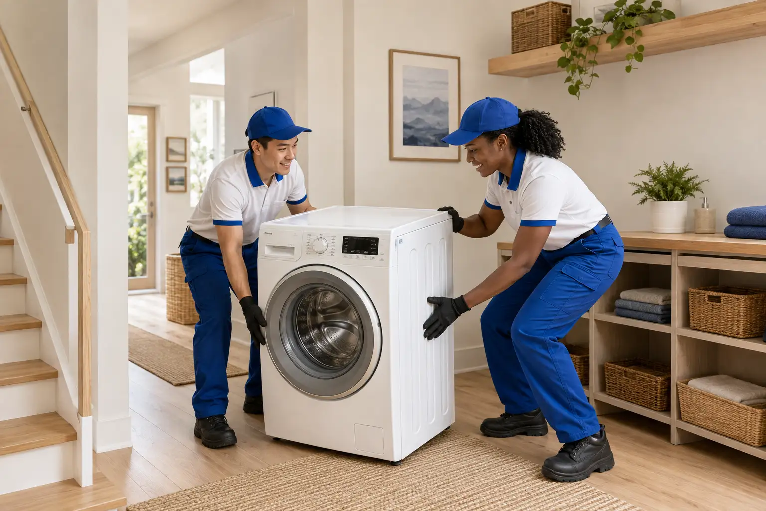 The Dryer Guy Delivery Team Moving Washer Up Stairs and In Home
